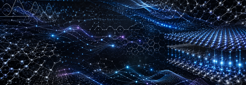 Abstract nanoscale network with atomic lattices, flowing energy waves, and glowing blue data paths on a dark background.