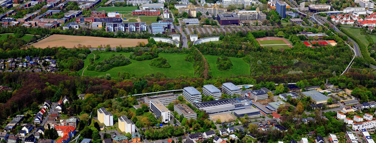 The picture shows the Campus of TU Dortmund University from above.
